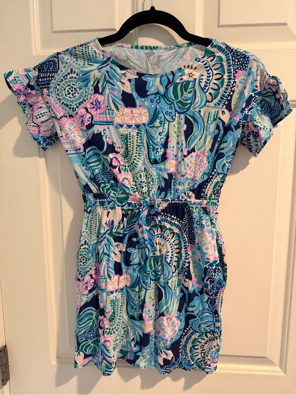 Lilly Pulitzer Girls Dress Size L Blue Tropical Print Flutter Sleeve